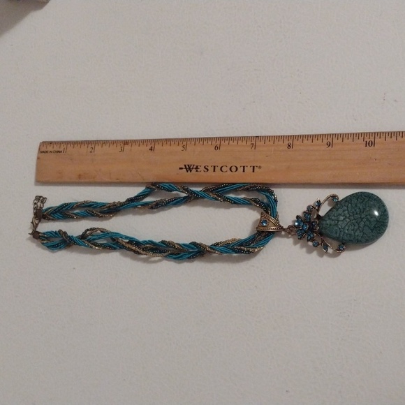 Blue Bohemian metallic water pendant w/blue gems & sead bead rope necklace - Picture 7 of 7